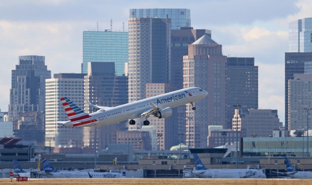 BOSTON, MA - February 10: A plane takes off at Logan Airport on February 10, 2023 in Boston, Massachusetts (Staff Photo By Matt Stone/MediaNews Group/Boston Herald)