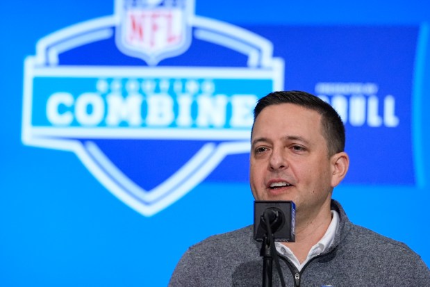 New England Patriots director of scouting Eliot Wolf speaks during a press conference at the NFL football scouting combine in Indianapolis, Tuesday, Feb. 27, 2024. (AP Photo/Michael Conroy)