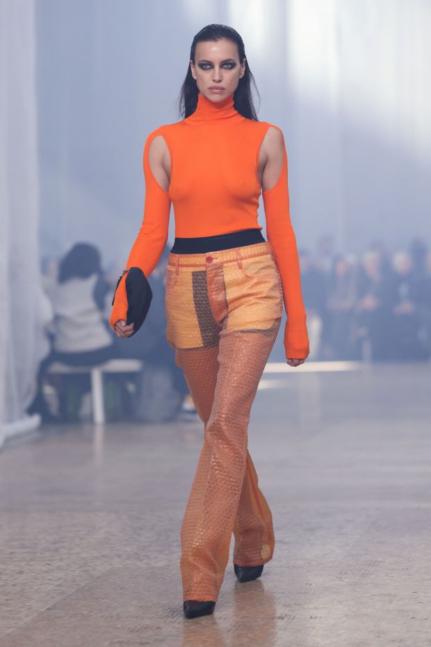 A model walks the runway during the Helmut Lang show during New York Fashion Week in New York City, on Feb. 9, 2024. Bubble wrap, balaclavas and puffy jackets took center stage at the Helmut Lang show that kicked off New York Fashion Week on Friday. (Photo by Charly TRIBALLEAU / AFP) (Photo by CHARLY TRIBALLEAU/AFP via Getty Images)