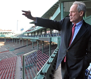 In a 2010 photo, Red Sox CEO Larry Lucchino points out some of the changes planned for Fenway Park. (Herald file photo)