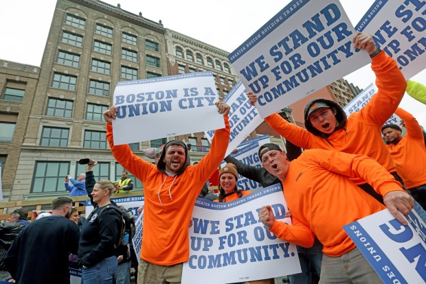 Union members rally against construction work on a building using non-union workers on Boylston Street. (Matt Stone/Boston Herald)