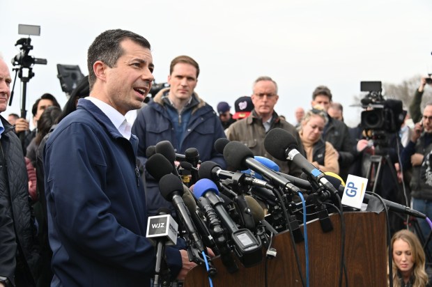 U.S. Transportation Secretary Pete Buttigieg speaks at a press conference after the collapse of the Francis Scott Key Bridge on Tuesday. (Kim Hairston/Staff)