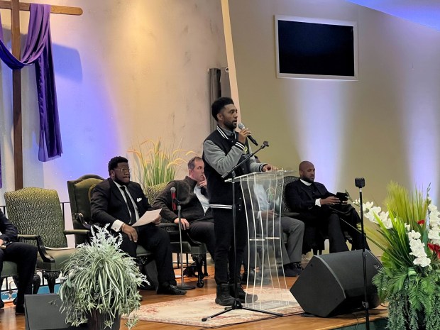 Baltimore Mayor Brandon Scott speaks at a prayer vigil for victims of the bridge collapse at Mt. Olive Baptist Church of Turner Station in Dundalk on Tuesday. (Cassidy Jensen/Staff)