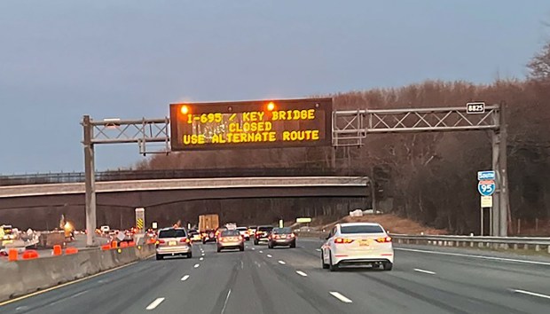 Highway warning sign on I-95 South on the closure of the Francis Scott Key Bridge in Baltimore after it collapsed overnight after being struck by a ship in the early morning of Tuesday, March 26. (Trif Alatzas/Staff)