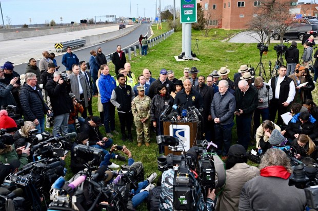 Gov. Wes Moore speaks at a news conference about the Francis Scott Key Bridge which collapsed early Tuesday morning after it was hit by a ship. (Jerry Jackson/Staff)