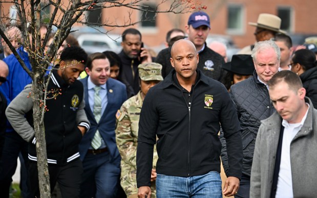 Maryland Gov. Wes Moore and other officials leave a news conference after speaking about the collapse of the Francis Scott Key Bridge after it was hit by a ship early Tuesday morning. (Jerry Jackson/Staff)