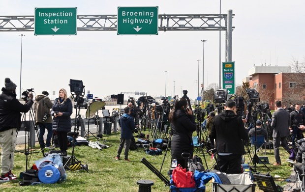 A media area near the entrance to the Francis Scott Key Bridge. The bridge collapsed into the Patapsco River early Tuesday morning after a container ship struck a support column. First responders are searching for six construction workers who were filling potholes on the bridge. Two were rescued. (Kim Hairston/Staff)