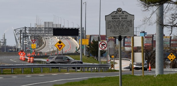 A view of the Francis Scott Key bridge ramp with bridge wreckage visible on left near the Maryland Transportation Authority campus on the northeast end of the bridge. (Barbara Haddock Taylor/Staff)