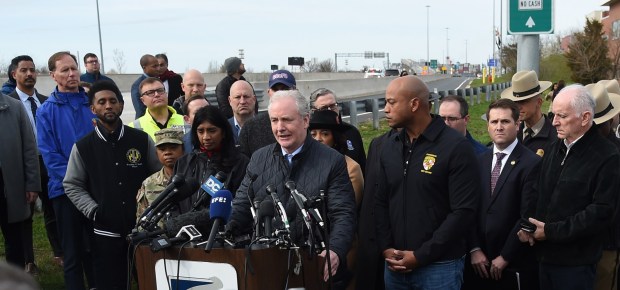 Senator Chris Van Hollen speaks at a news conference this morning on the Maryland Transportation Authority campus near the collapsed Francis Scott Key bridge. Several local and state officials attended. (Barbara Haddock Taylor/Staff)